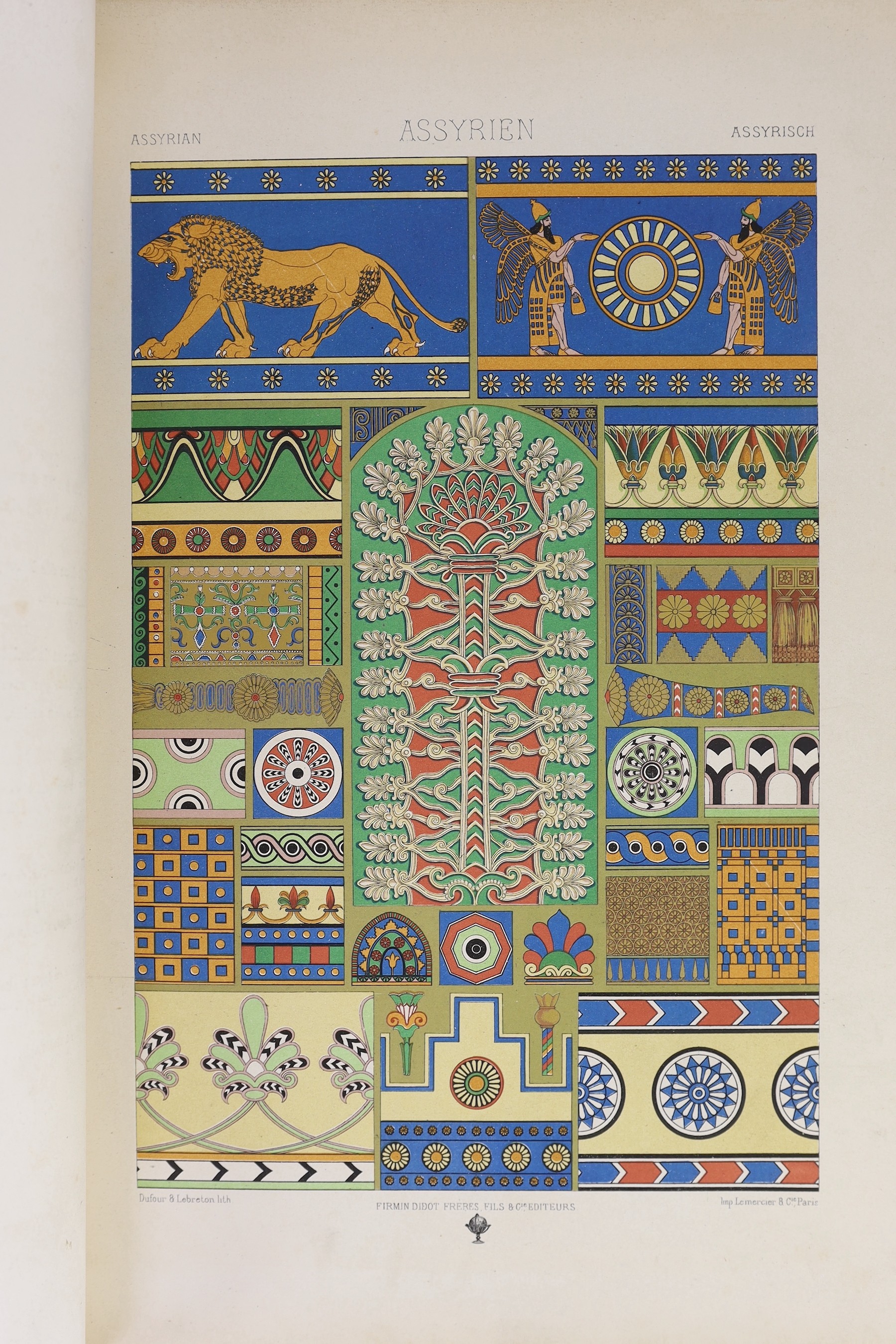 Racinet, Auguste - L’Ornement Polychrome, folio, rebound half blue morocco, with 100 chromolithograph plates, cloth front panel mounted with later title, Paris, [c. 1870]